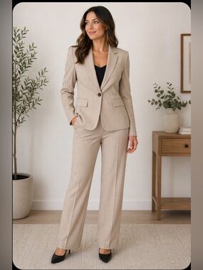 Kasper Beige Pinstripe Pant Suit Classic Career Workwear Blazer Pants Neutral